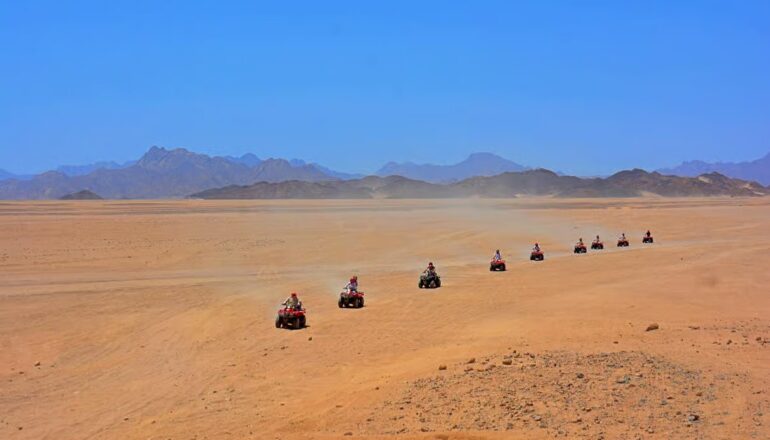 Hurghada desert safari at sunset with golden sand dunes and beautiful Egyptian desert landscapes