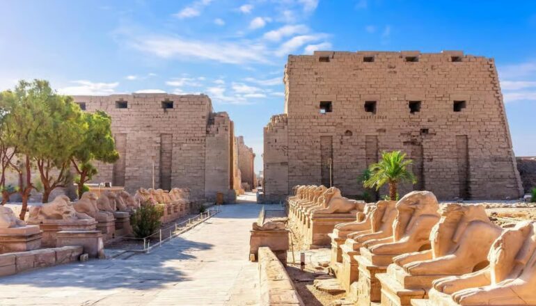 Karnak Temple in Luxor illuminated at night during the spectacular Sound and Light Show in Egypt